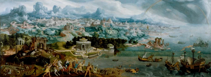 Panorama mit der Entführung der Helena inmitten der Wunder der antiken Welt